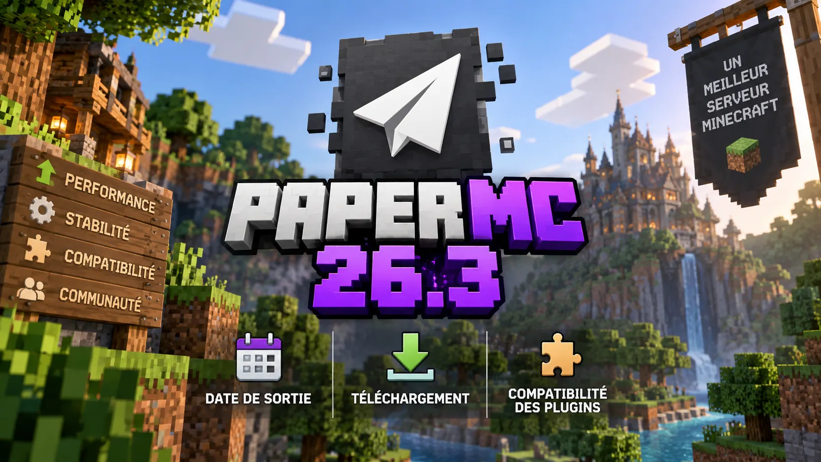 Logo PaperMC sur fond de serveur Minecraft moderne, avec des icônes de plugins